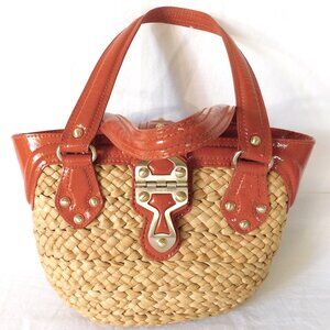 Medium Michael Kors Orange Patent Leather & Straw Tote Handbag Purse